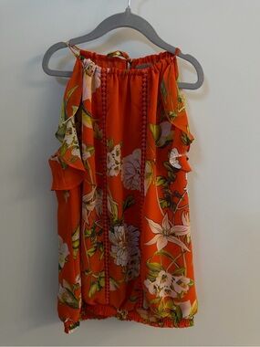 NY&Co High Neck Orange Color, Size S Tie, tie neck. Elastic waist, ruffle detail